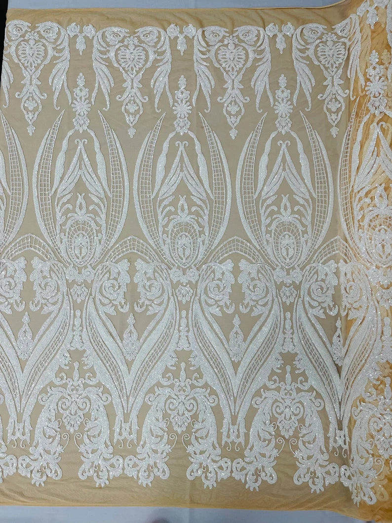 Damask Design Sequins Embroider on a 4 Way Stretch Mesh Fabric- Sold by The Yard. White Nude