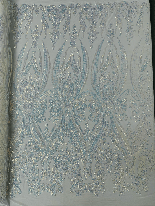 Damask Design Sequins Embroider on a 4 Way Stretch Mesh Fabric- Sold by The Yard. Aqua Iridescent