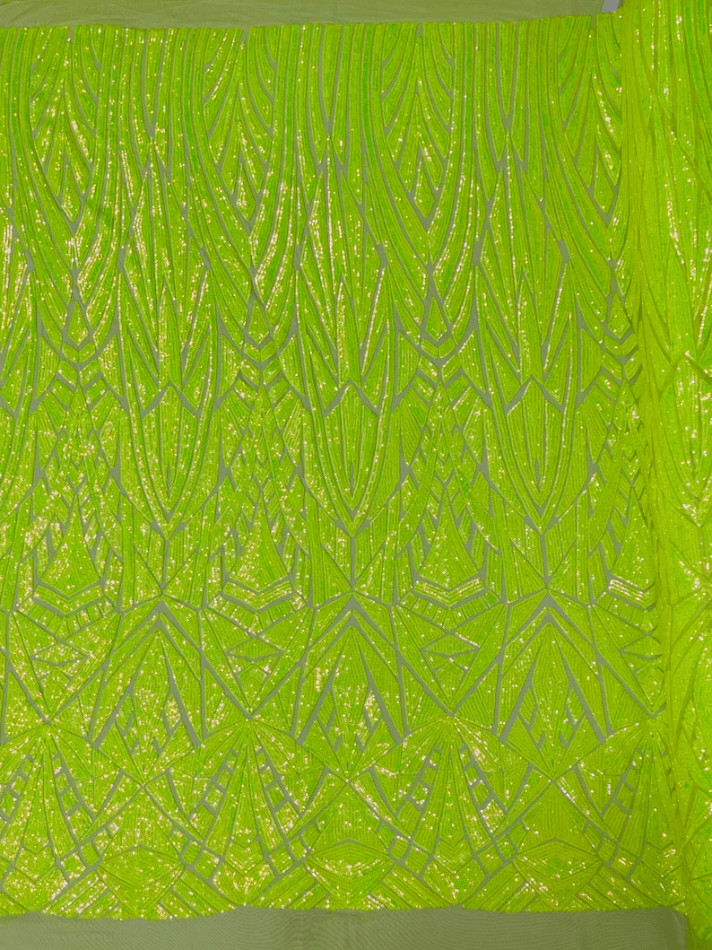Geometric Shiny Design Sequins Embroider on a 4 Way Stretch Mesh Fabric- Sold by The Yard. Neon Green Iridescent