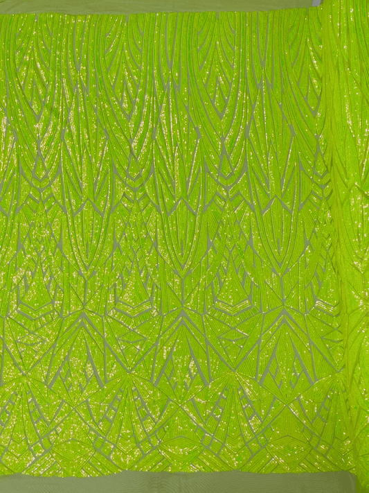 Geometric Shiny Design Sequins Embroider on a 4 Way Stretch Mesh Fabric- Sold by The Yard. Neon Green Iridescent