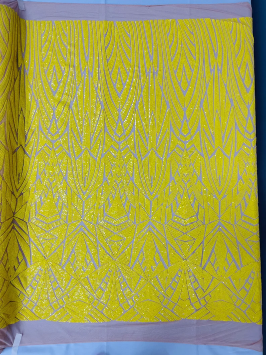 Geometric Shiny Design Sequins Embroider on a 4 Way Stretch Mesh Fabric- Sold by The Yard. Bright Yellow