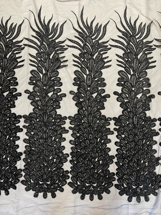 Feather Design Heavy Beaded Embroidery On a Mesh Fabric-Sold By The Panel- Black
