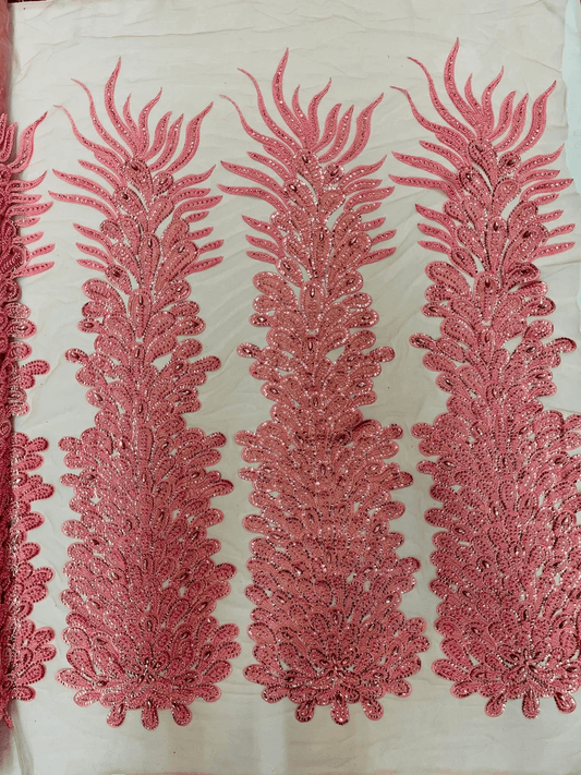 Feather Design Heavy Beaded Embroidery On a Mesh Fabric-Sold By The Panel- Dusty Rose