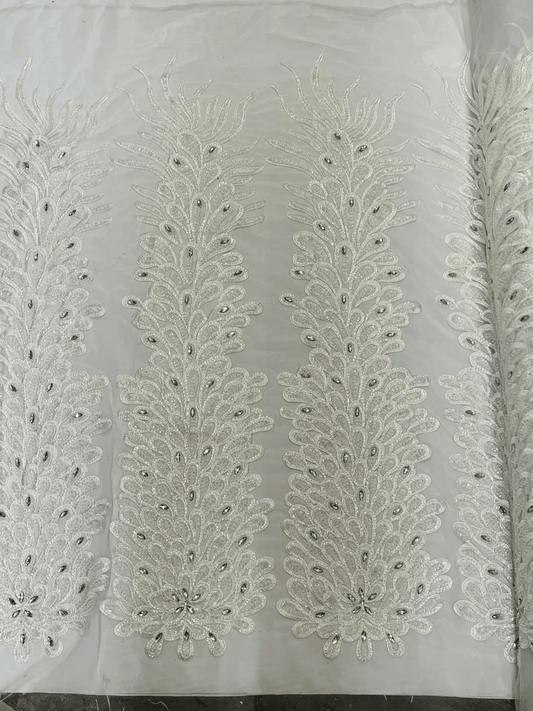 Feather Design Heavy Beaded Embroidery On a Mesh Fabric-Sold By The Panel- White