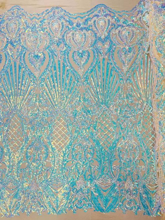 Damask Shiny Sequin Shell Design On a 4 Way Stretch Mesh Fabric -Prom-Sold By The Yard. Aqua Nude Iridescent