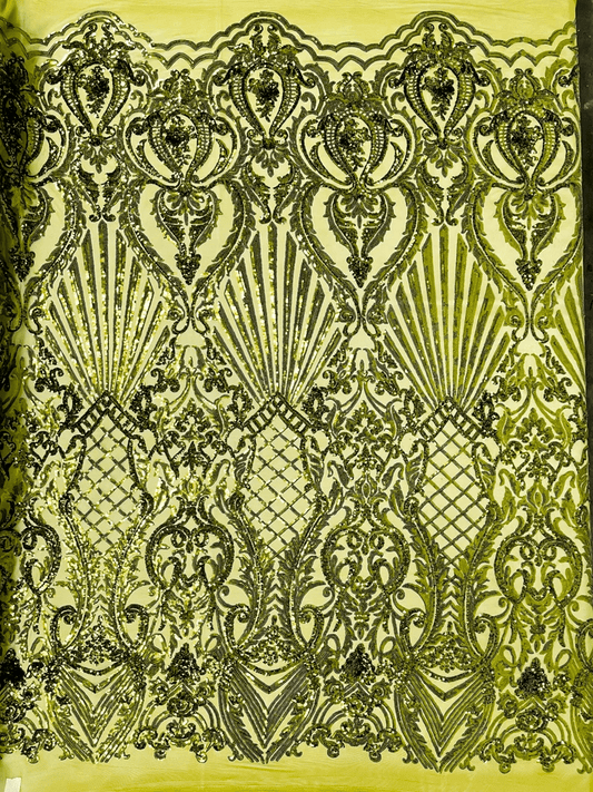Damask Shiny Sequin Shell Design On a 4 Way Stretch Mesh Fabric -Prom-Sold By The Yard. Olive