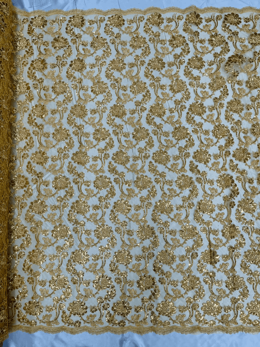 Forbidden Flowers With Sequins Corded Lace On Mesh Fabric By The Yard Used For -Dress-Bridal-Fashion Gold
