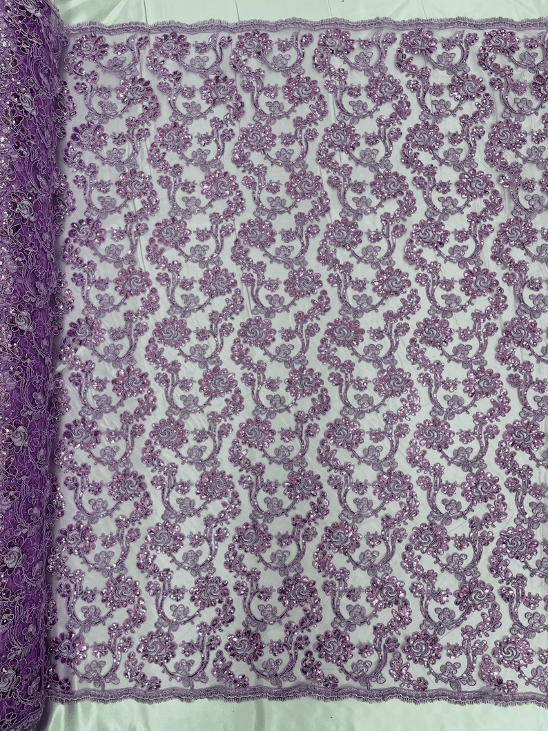 Forbidden Flowers With Sequins Corded Lace On Mesh Fabric By The Yard Used For -Dress-Bridal-Fashion Lilac