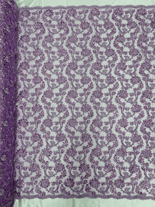 Forbidden Flowers With Sequins Corded Lace On Mesh Fabric By The Yard Used For -Dress-Bridal-Fashion Lilac
