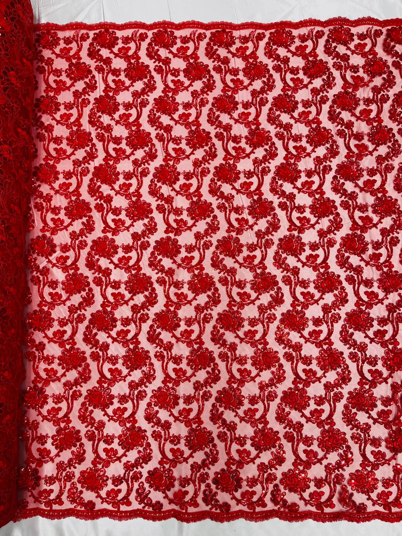 Forbidden Flowers With Sequins Corded Lace On Mesh Fabric By The Yard Used For -Dress-Bridal-Fashion Red