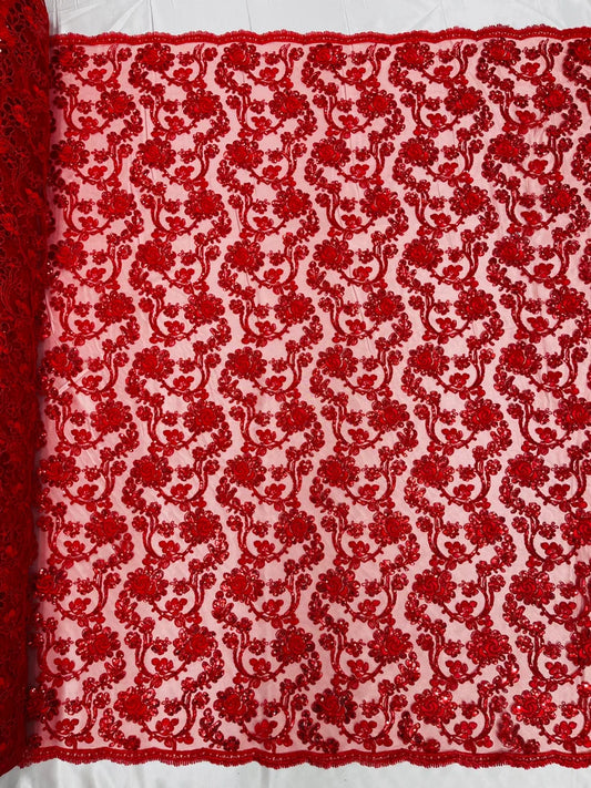 Forbidden Flowers With Sequins Corded Lace On Mesh Fabric By The Yard Used For -Dress-Bridal-Fashion Red