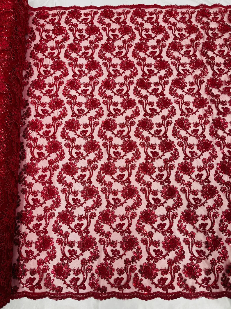 Forbidden Flowers With Sequins Corded Lace On Mesh Fabric By The Yard Used For -Dress-Bridal-Fashion Burgundy