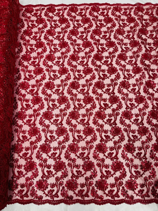 Forbidden Flowers With Sequins Corded Lace On Mesh Fabric By The Yard Used For -Dress-Bridal-Fashion Burgundy