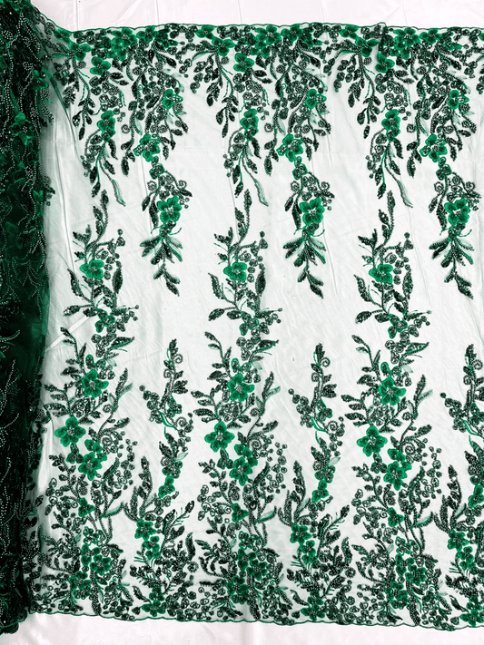Metallic Floral Embroider and Heavy Beaded On a Mesh Lace Fabric-Sold By The Yard- Hunter