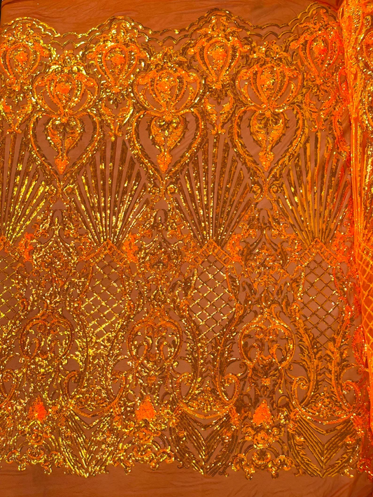 Damask Shiny Sequin Shell Design On a 4 Way Stretch Mesh Fabric -Prom-Sold By The Yard. Orange Iridescent