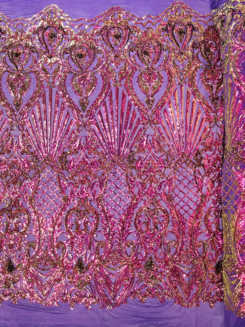 Damask Shiny Sequin Shell Design On a 4 Way Stretch Mesh Fabric -Prom-Sold By The Yard. Purple Iridescent