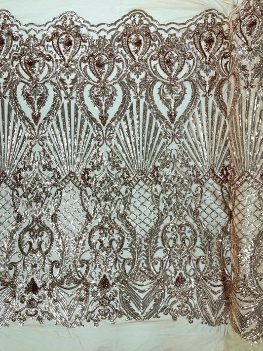 Damask Shiny Sequin Shell Design On a 4 Way Stretch Mesh Fabric -Prom-Sold By The Yard. Rose Gold