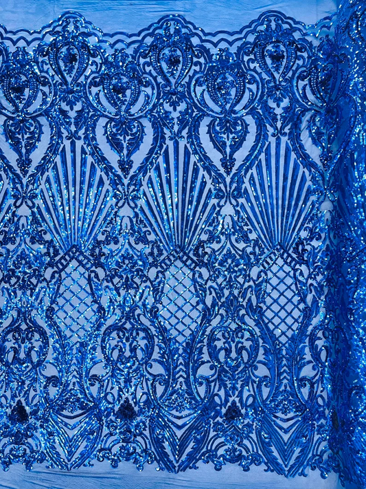 Damask Shiny Sequin Shell Design On a 4 Way Stretch Mesh Fabric -Prom-Sold By The Yard. Royal Blue