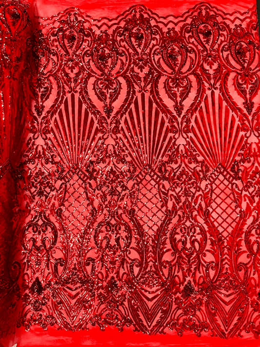 Damask Shiny Sequin Shell Design On a 4 Way Stretch Mesh Fabric -Prom-Sold By The Yard. Red