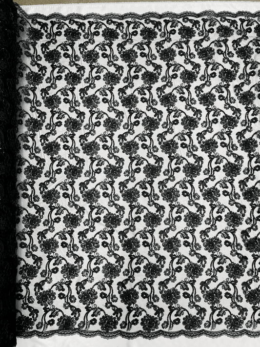 Forbidden Flowers With Sequins Corded Lace On Mesh Fabric By The Yard Used For -Dress-Bridal-Fashion Black