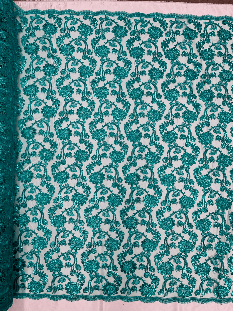 Forbidden Flowers With Sequins Corded Lace On Mesh Fabric By The Yard Used For -Dress-Bridal-Fashion Jade