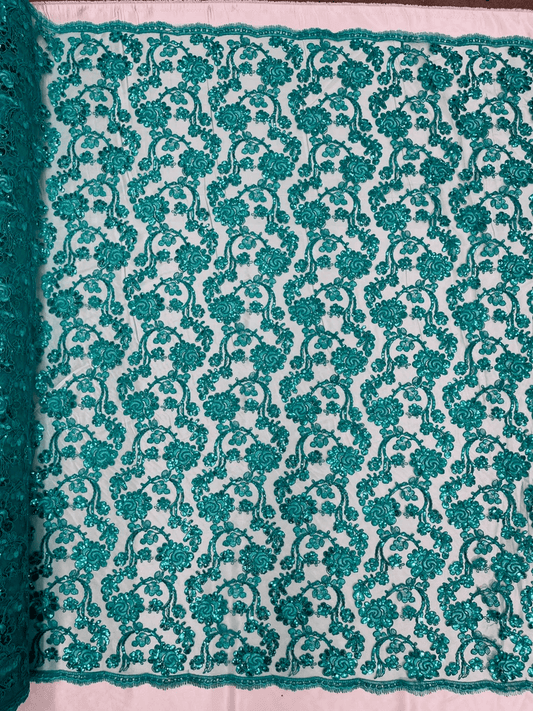 Forbidden Flowers With Sequins Corded Lace On Mesh Fabric By The Yard Used For -Dress-Bridal-Fashion Jade