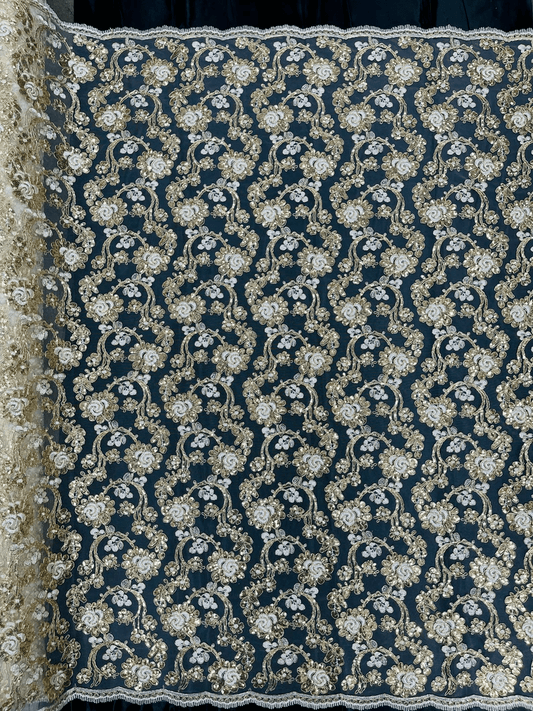 Forbidden Flowers With Sequins Corded Lace On Mesh Fabric By The Yard Used For -Dress-Bridal-Fashion Ivory Gold