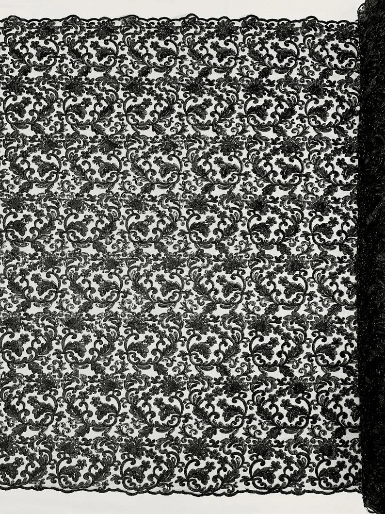 Metallic Corded Lace Embroider with Sequins Fabric- Sold by yard