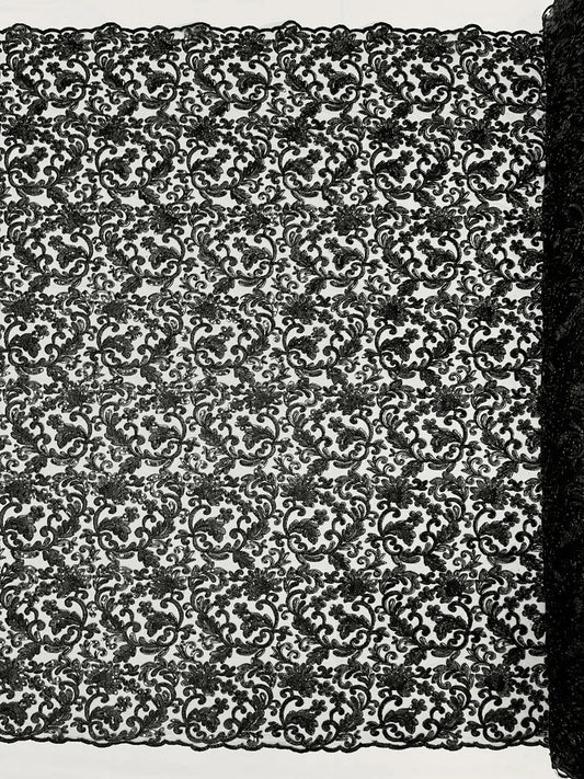 Metallic Corded Lace Embroider with Sequins Fabric- Sold by yard