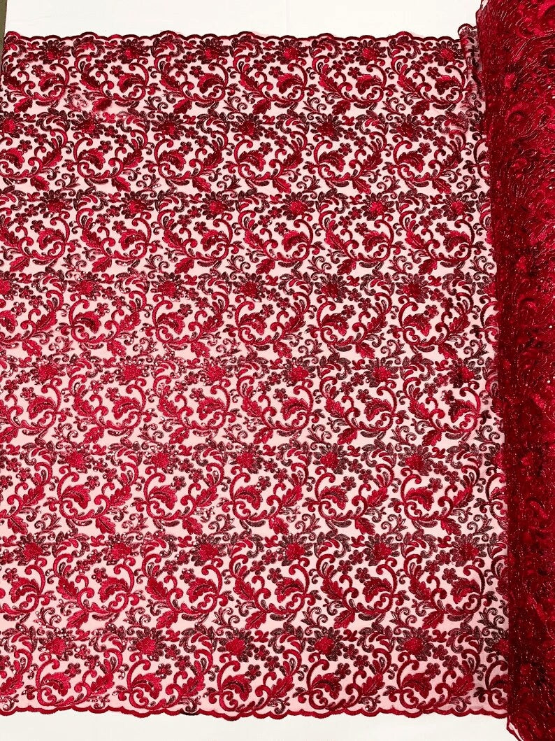 Metallic Corded Lace Embroider with Sequins Fabric- Sold by yard
