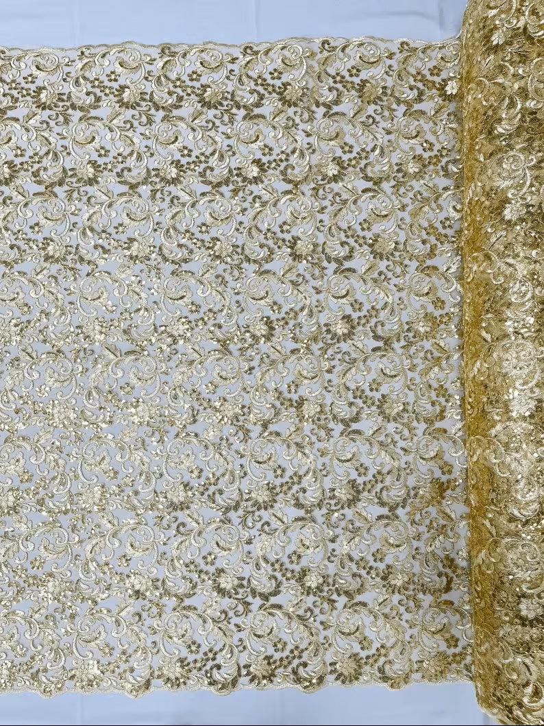 Metallic Corded Lace Embroider with Sequins Fabric- Sold by yard