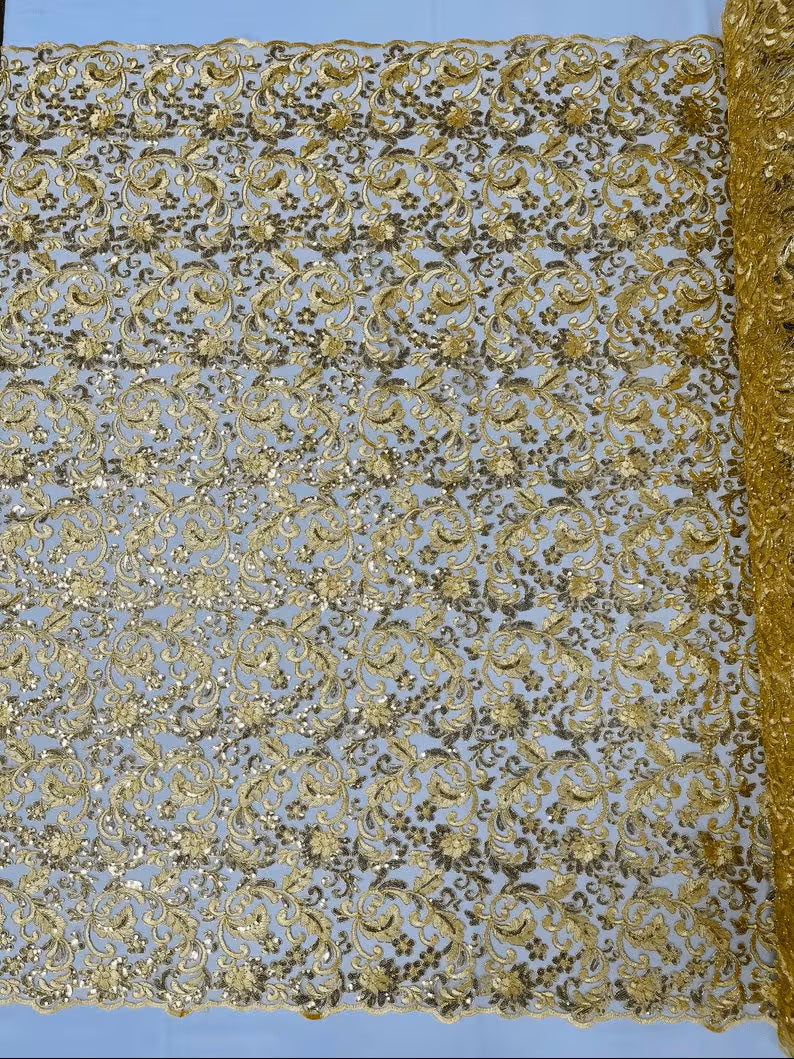 Metallic Corded Lace Embroider with Sequins Fabric- Sold by yard