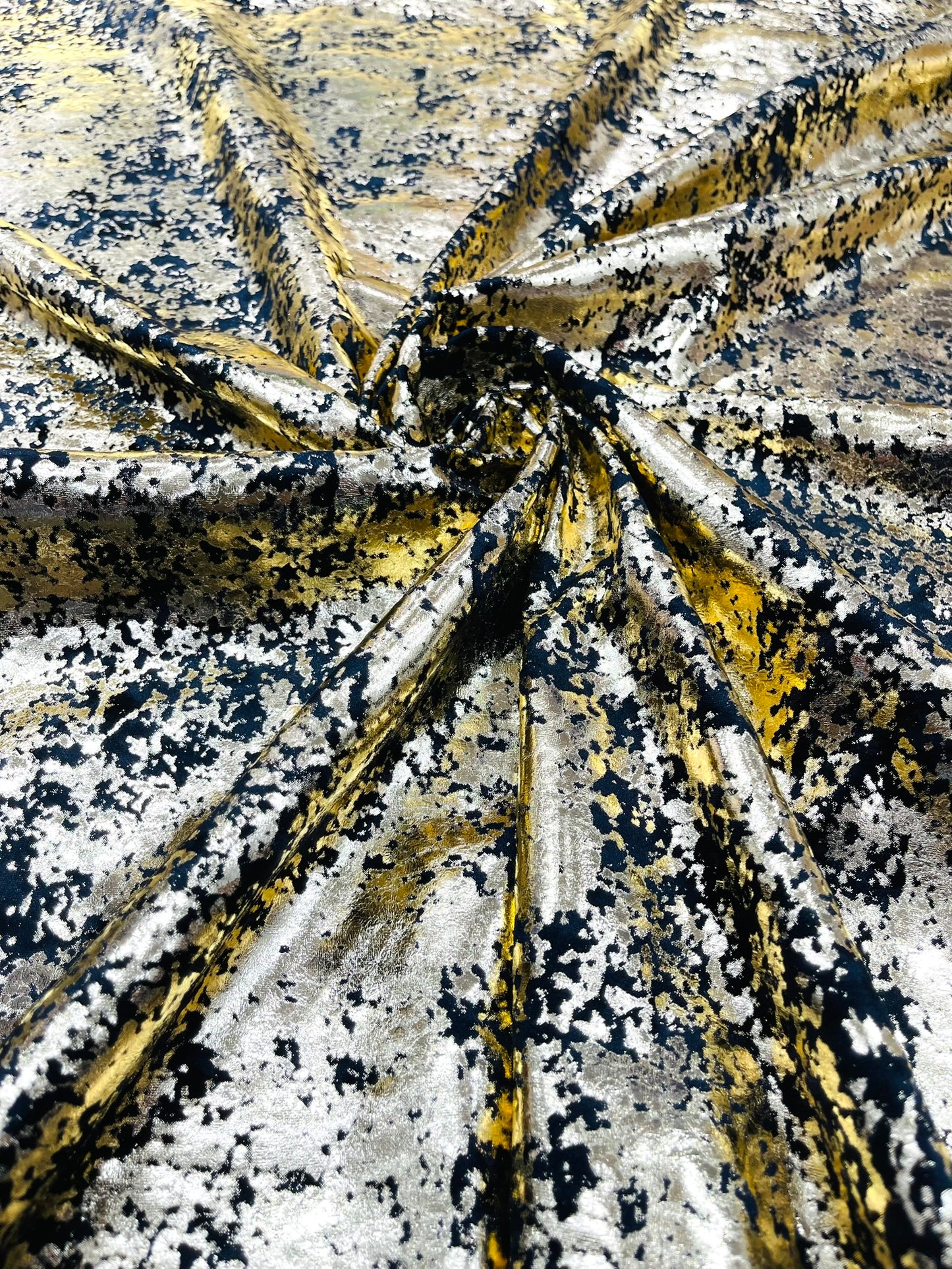 Splatter foil design stretch velvet 4-way stretch | Royalty Fabric