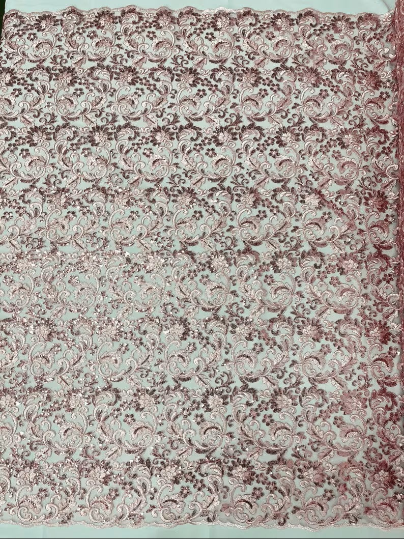 Metallic Corded Lace Embroider with Sequins Fabric- Sold by yard