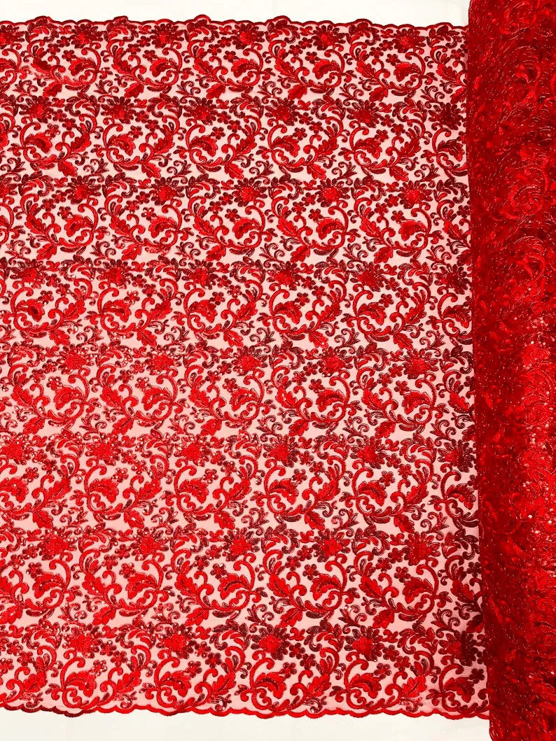 Metallic Corded Lace Embroider with Sequins Fabric- Sold by yard
