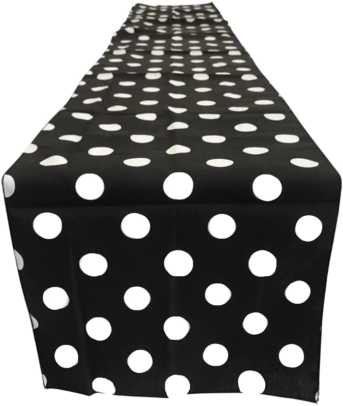 Polka Dot Print Poly Cotton Table Runner (White Dot on Black,