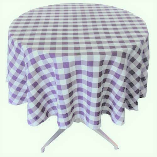 Polyester Poplin Checkered Gingham Plaid Round Tablecloth (White & Lilac,