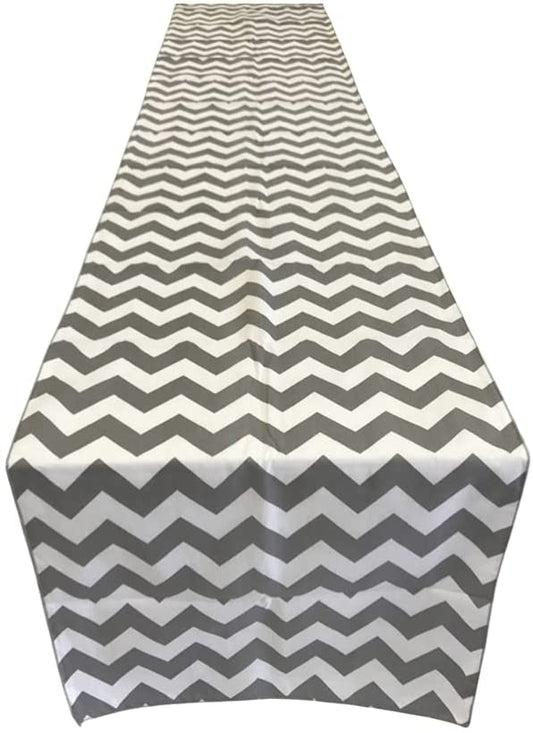 Chevron Print Poly Cotton Table Runner (White & Silver,