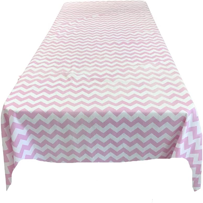 Chevron / Zig Zag Print Poly Cotton Tablecloth (White & Pink,