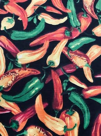 60" Wide Hot Chili Pepper Poly Cotton Print Fabric (Black, by The Yard)
