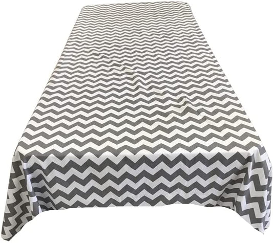 Chevron / Zig Zag Print Poly Cotton Tablecloth (White & Silver,