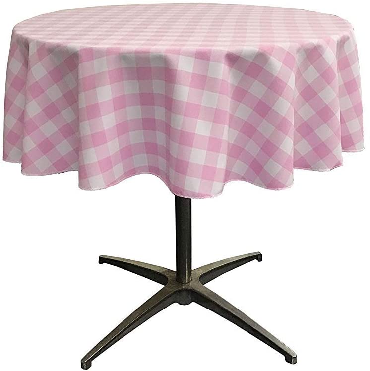 Polyester Poplin Checkered Gingham Plaid Round Tablecloth (White & Pink,