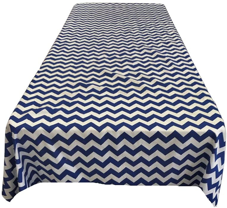 Chevron / Zig Zag Print Poly Cotton Tablecloth (White & Navy Blue,