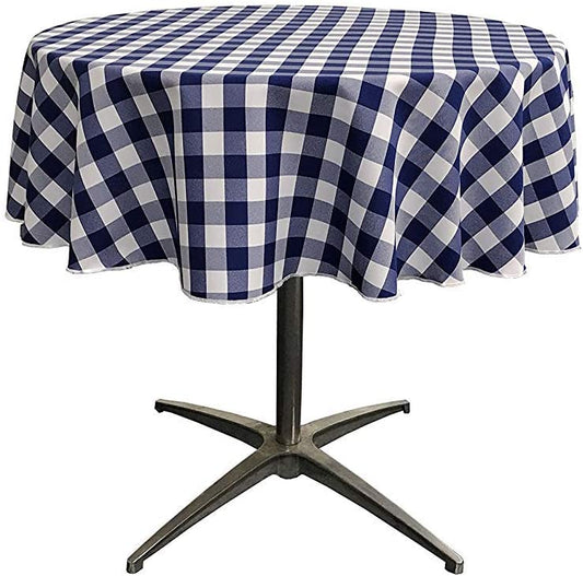 Polyester Poplin Checkered Gingham Plaid Round Tablecloth (White & Navy,