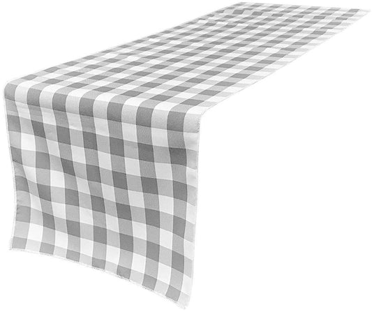 12" Wide by The Size of Your Choice, Polyester Poplin Gingham, Checkered, Plaid Table Runner (White & Silver,