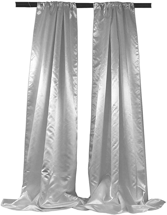 Polyester Bridal Satin Backdrop/Drape. Curtain Panel with 4" Rod Pocket on top, 1 Pair (Silver,