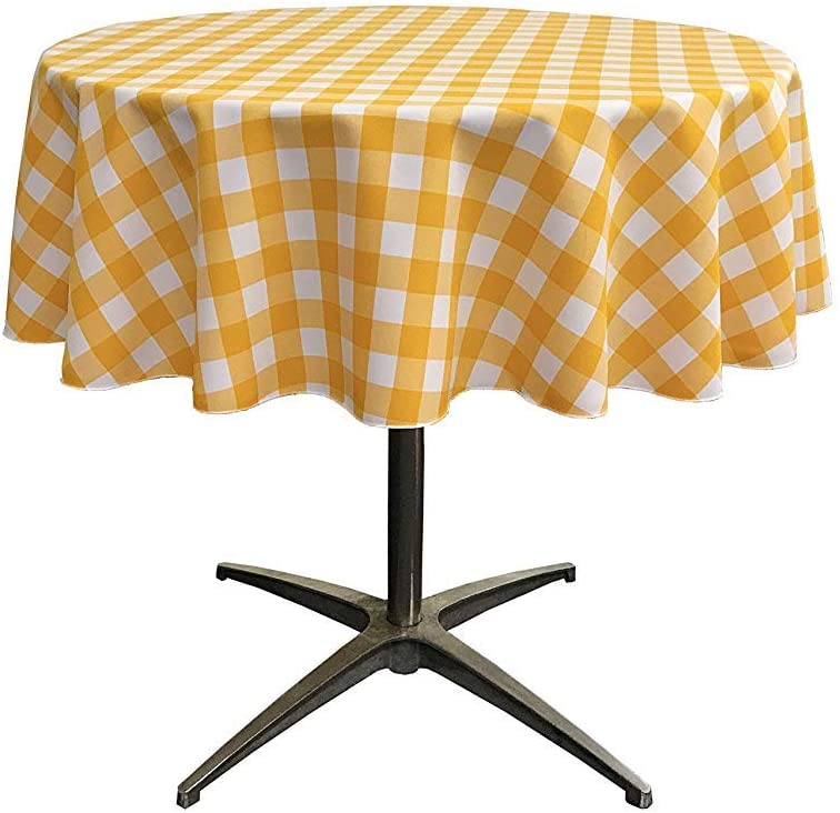 Polyester Poplin Checkered Gingham Plaid Round Tablecloth (White & Dark Yellow,