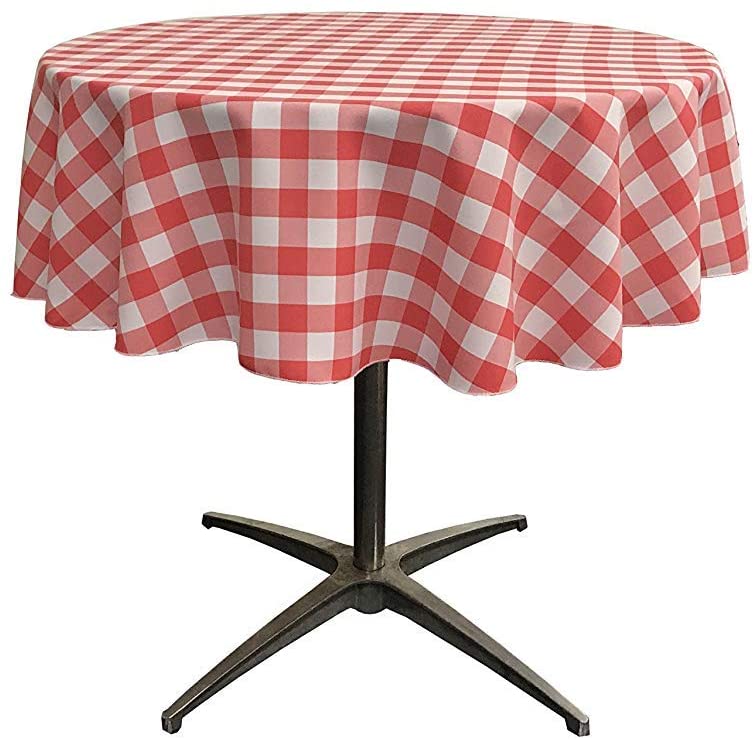 Polyester Poplin Checkered Gingham Plaid Round Tablecloth (White & Coral,