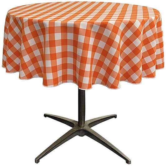 Polyester Poplin Checkered Gingham Plaid Round Tablecloth (White & Orange,