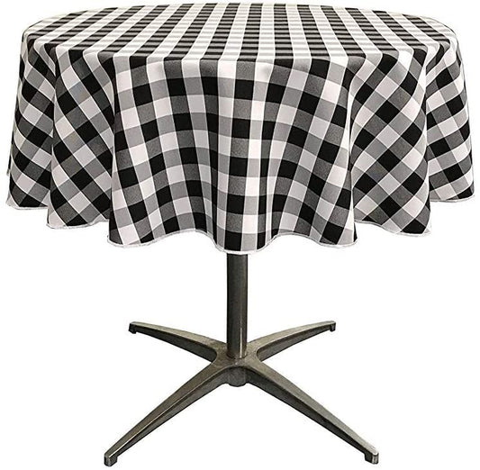 Polyester Poplin Checkered Gingham Plaid Round Tablecloth (White & Black,